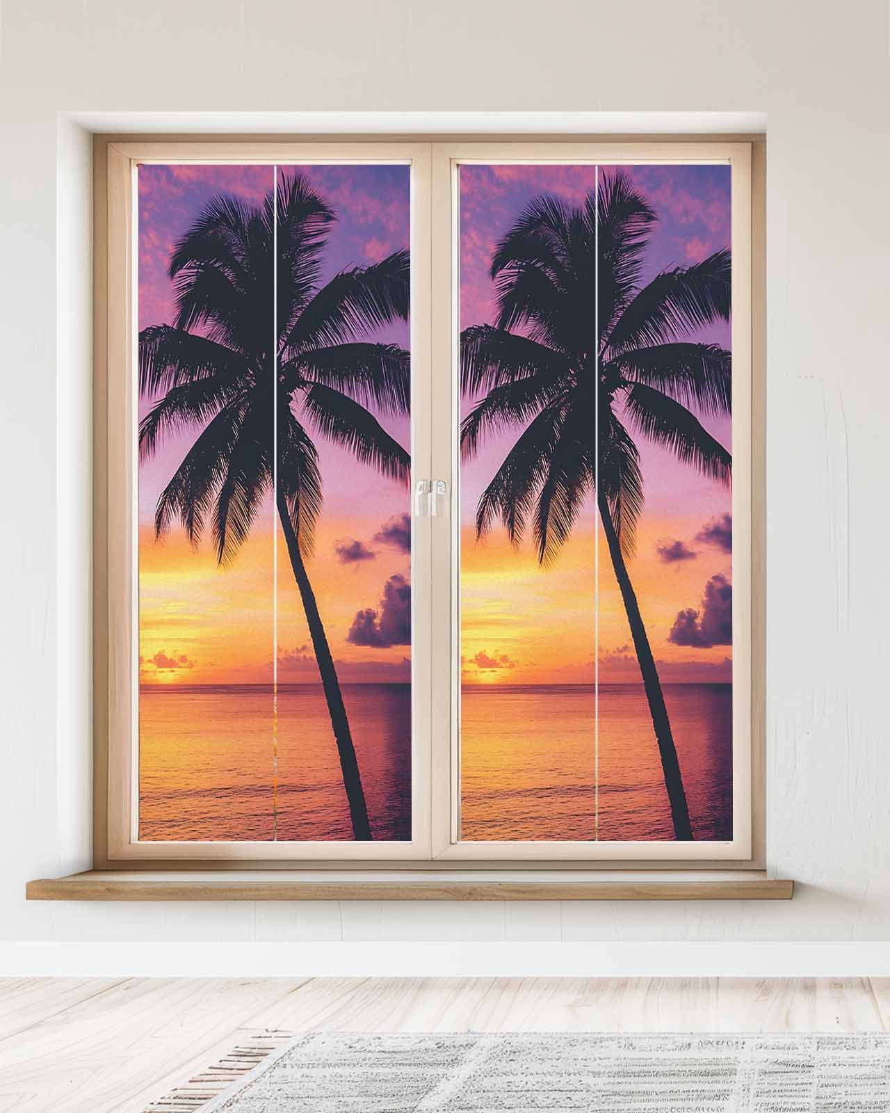Window Privacy Film Summer Sunset Stained Glass Window Film Decorative Sun Block Window Cover Ocean Seaside Sky Cloud Scenery Palm Tree Window Clings Static Adhesive Sticker for Bathroom 23.6"x59"