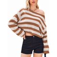 thumbnail image 2 of Women'S Long Sleeve Striped Oversized One Shoulder Loose Fit Casual Baggy Short Pullover Sweater Coffee Color L, 2 of 8