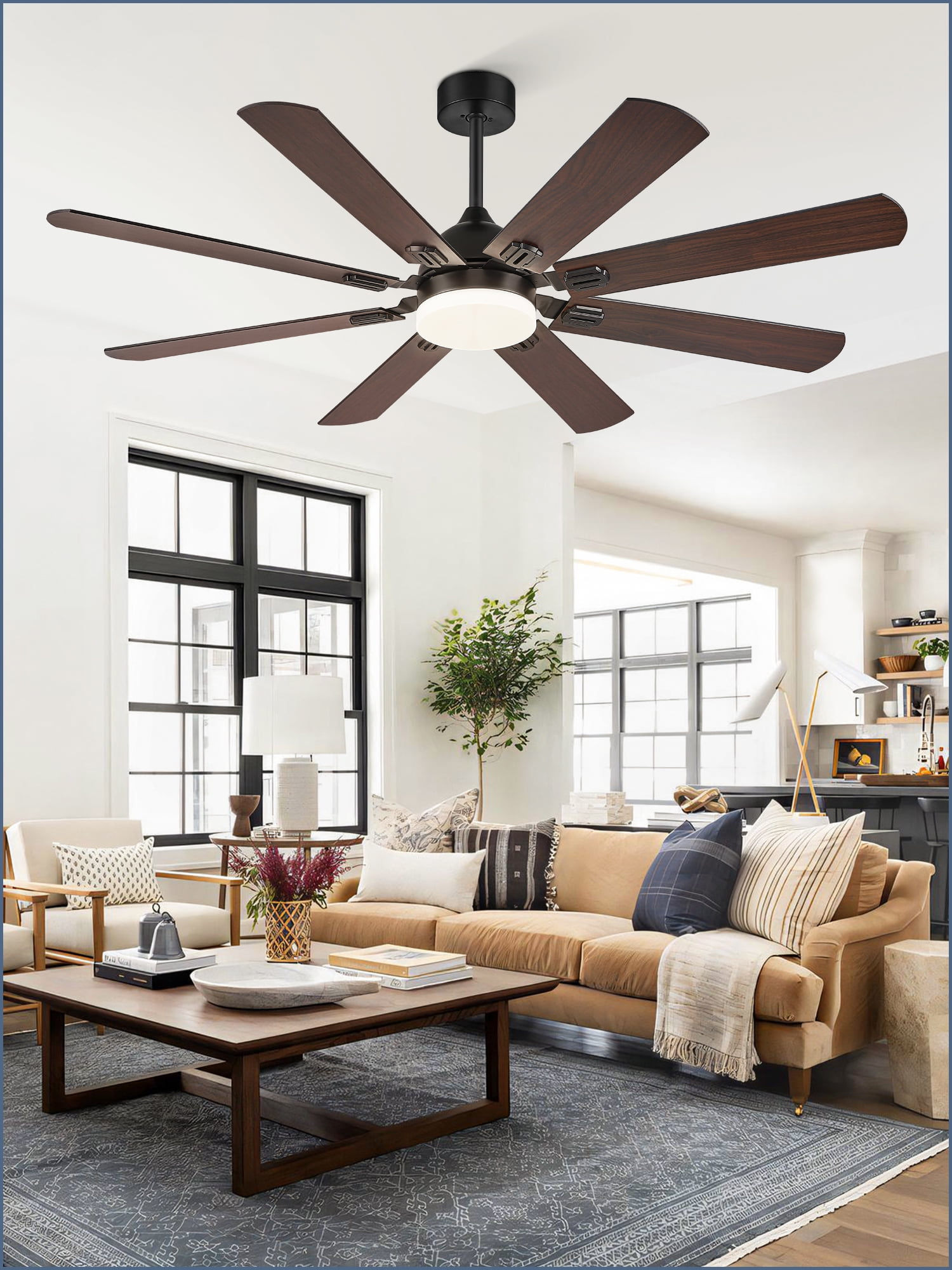 Zardon 62 in. Indoor Modern Ceiling Fan with Lights and Remote, Black, Dual-Finish, 8-Blade