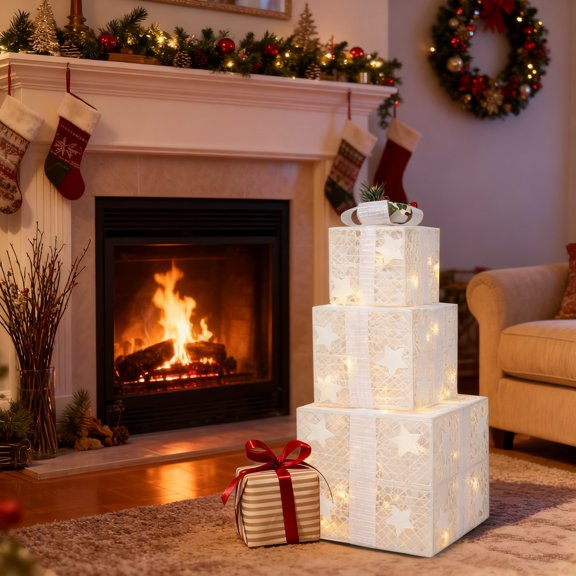 iCapeson Set of 3 LED Lighted Gift Boxes, 60 Warm White LED Christmas Decorations with Battery Power for Indoor Outdoor, Holiday Yard Lawn Porch Home Party Decor, Festive Light Up Present Boxes