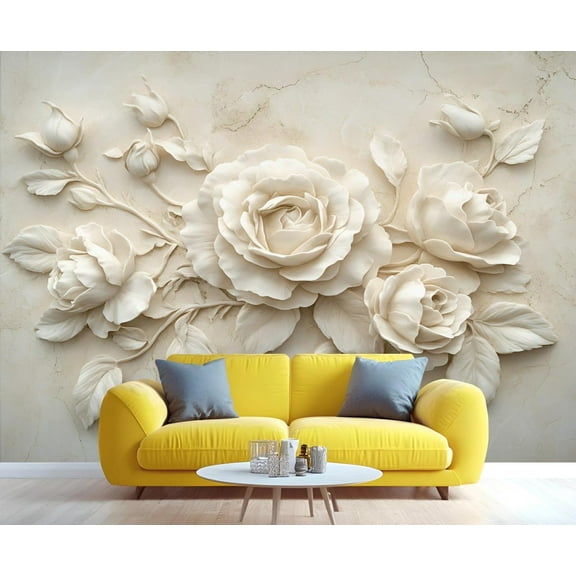 Relief White Peony Flowers Mural Wallpaper, Abstract Marble Wall Mural, Marble 3D Murals, Nordic Light Luxury Art Large Wallpaper For Living Room Bedroom Wall Decor 59"W x 39.4"H (Not Peel and Stick)
