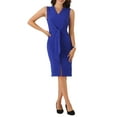 thumbnail image 2 of INSPIRE CHIC Women's Business Pencil Dress V Neck Sleeveless Tie Waist Work Slit Midi Dresses XS Royal Blue, 2 of 6