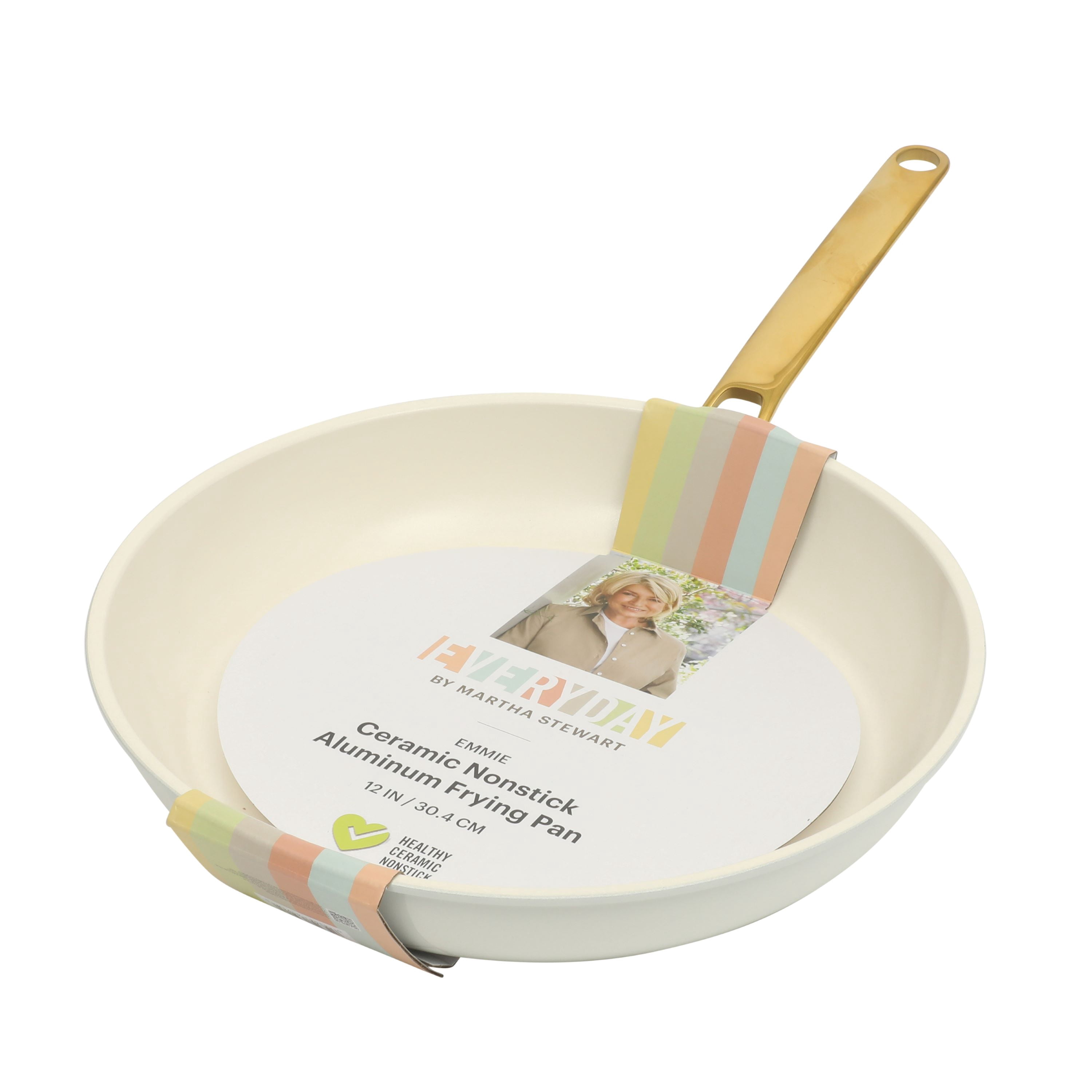 Martha Stewart 12-Inch Ceramic Nonstick Frying Pan Skillet, Linen with Gold Handle