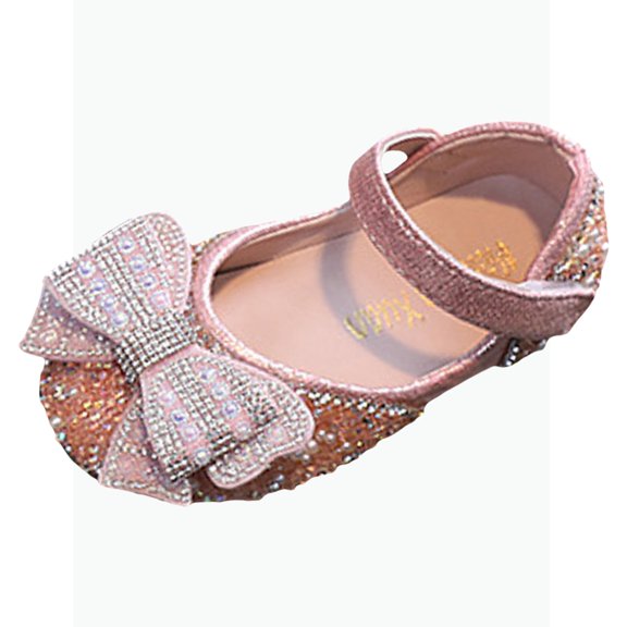 Gyujnb Toddler Girls Glitter Mary Jane Flats Rhinestone Bow Decor Adjustable Strap Soft Sole Princess Dress Shoes, Closed Toe,8-8.5 Years
