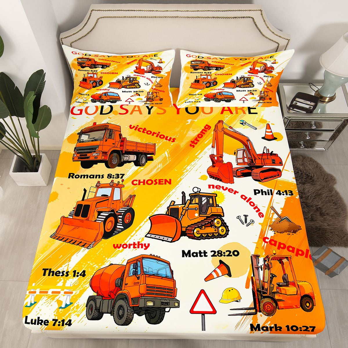 Manfei Orange Graffiti Twin Sheet Set,Construction Vehicles,Luxury Decor For Boys,3-Piece