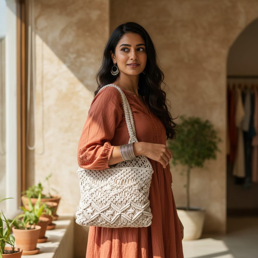 Fibre Gold Handwoven Macrame Tote Bag for Women | Cotton Eco-Friendly Shoulder Handbag