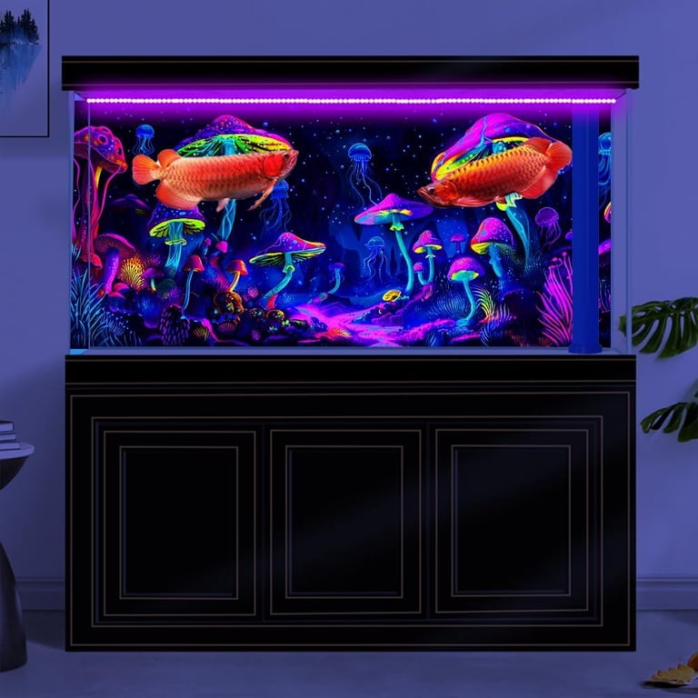 24x16 Inch Blacklight UV Reactive Aquarium Background - Mushroom & Starry Sky Design With Adhesive Tape