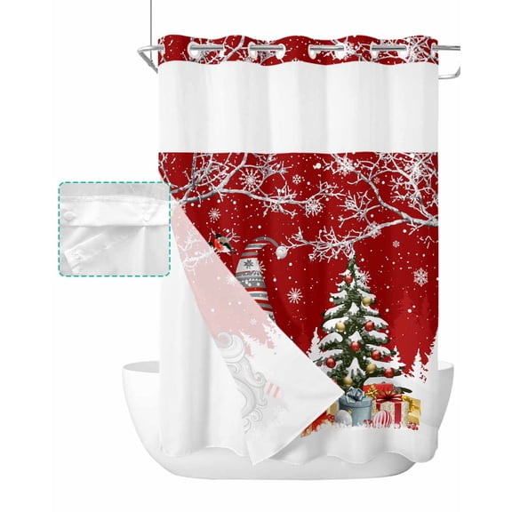 No Hook Shower Curtain with Snap in Liner, Christmas Gnome Winter Xmas Tree Pine Branch Snowflake Red Shower Curtains for Bathroom, Washable Shower Curtain Liner Set with Mesh Top Window, 72"x84"