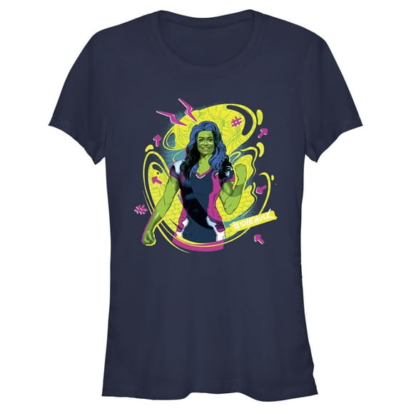 Junior's She-Hulk: Attorney at Law Real Life Vs Cartoon  Graphic Tee Navy Blue Medium