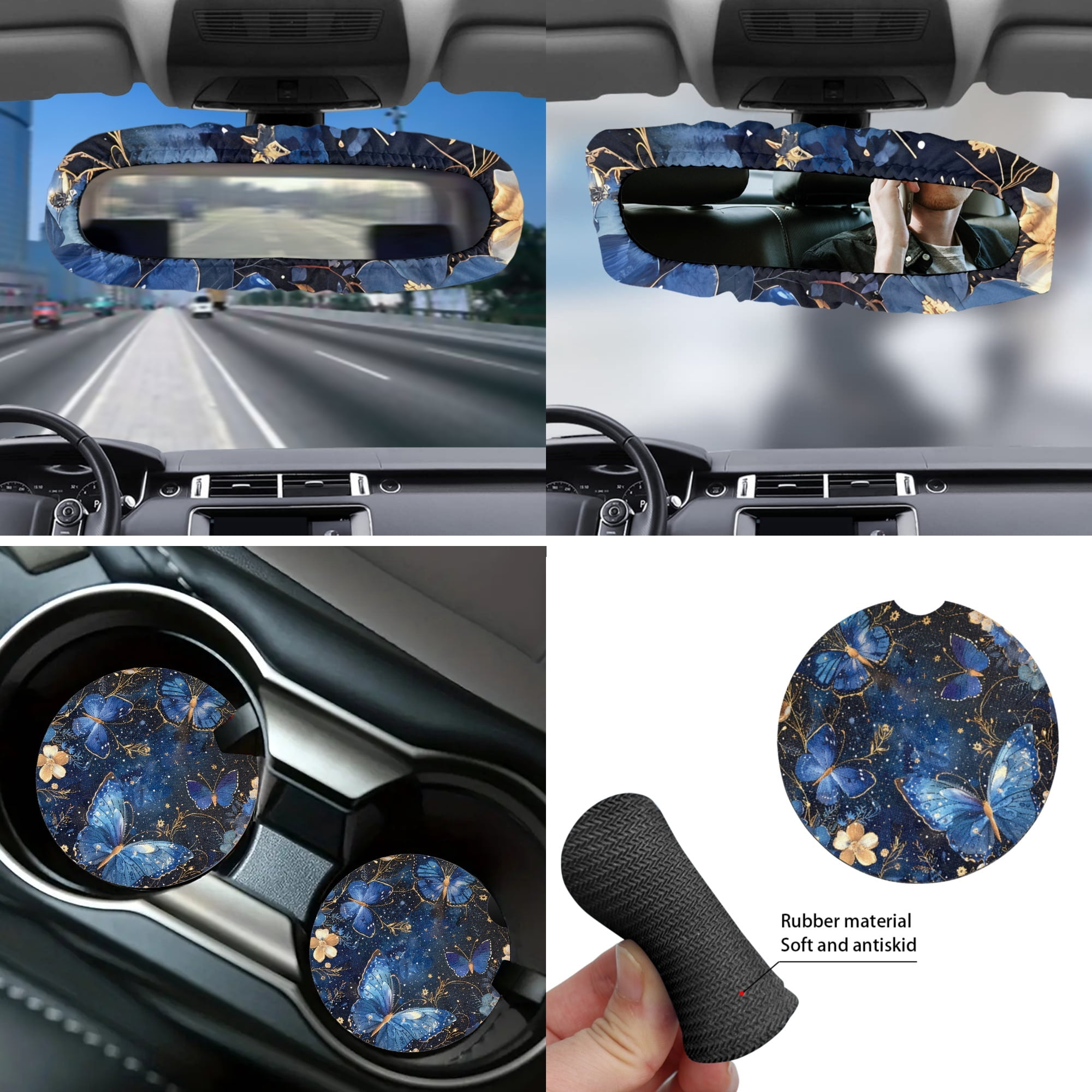 Yuyamidu Blue Butterfly Car Seat Cover Set of 14 Fashion Steering Wheel Cover Seat Belt Cover Garbage Bin Armrest Cover Rearview Mirror Cover Cup Mat Gear Shift Knob Cover Handbrake Cover