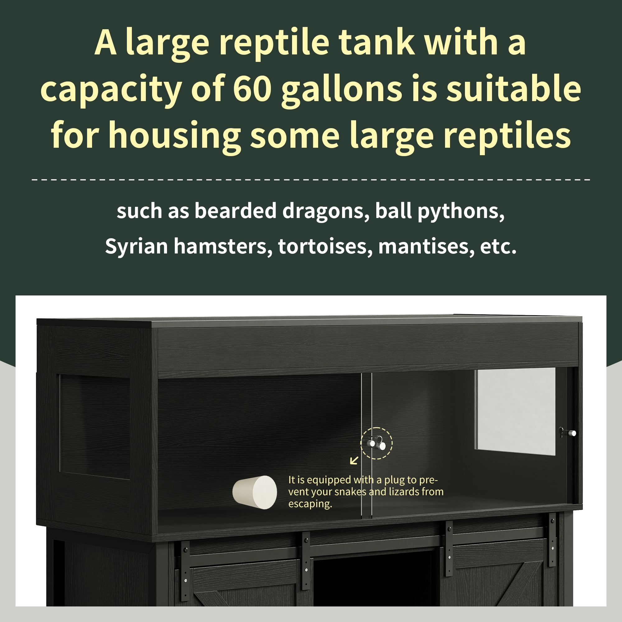 Herture 60 Gallon Reptile Terrarium with Stand, Terrarium Enclosure with Acrylic Doors, Storage Cabinet with Barn Door, Mesh Lid & Power Outlet – Vivarium Habitat for Medium Reptiles Black PX05RTB