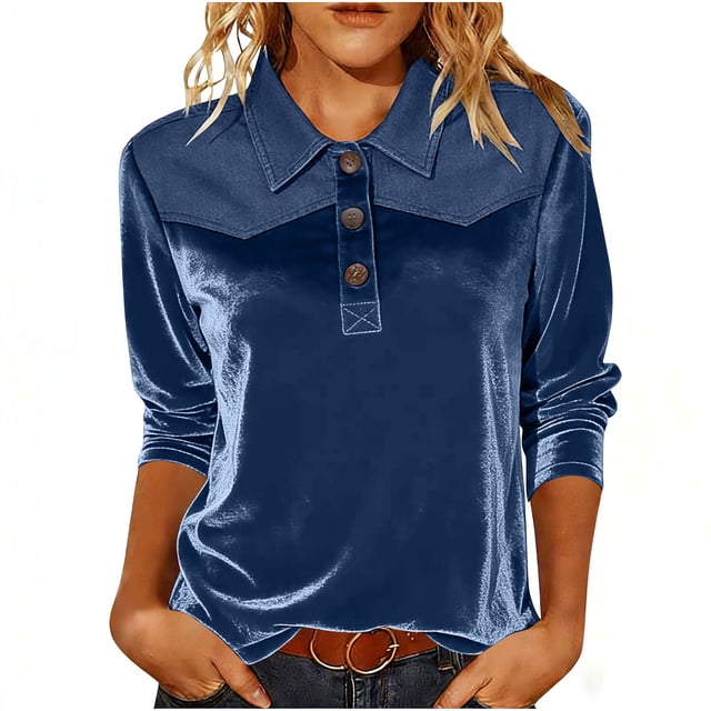TaTaai Ladies Gold Velvet Denim Spliced Slim Fit Top Three Quarter Sleeve Pullover Blouse Soft Warm Casual Fashion Top For Women Daily Office Holiday Outfits Gift