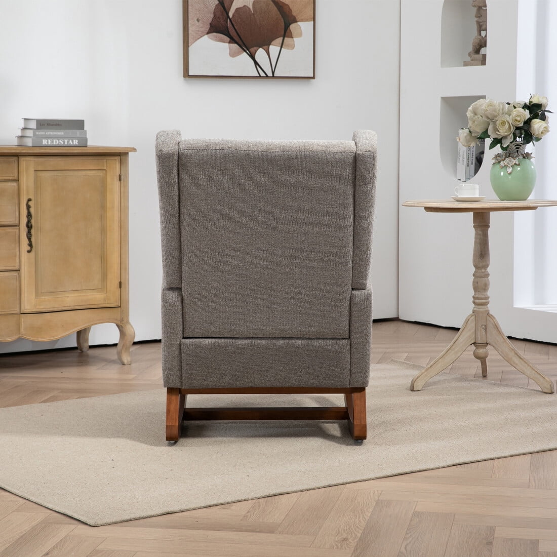 Modern Rocking Chair for Nursery, Mid-Century Design with Retractable Footrest & Side Pocket Storage, Wooden Frame Upholstered Wingback Glider for Living Room & Baby Room Use, Taupe Color