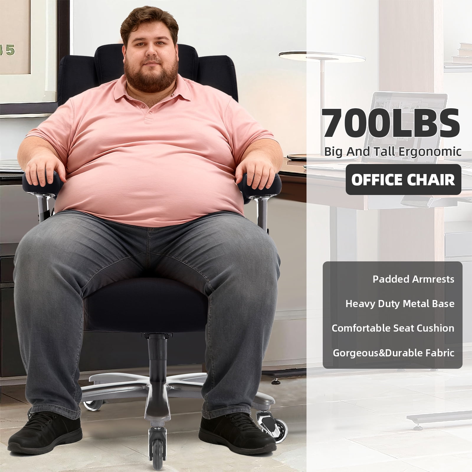 Big and Tall 700lbs Office Chair, Fabric Heavy Duty Executive Chair with 3D Flip up Armrests Adjustable Lumbar Support Large Rubber Wheels, Extra Wide High Back Computer Desk Chair, Black