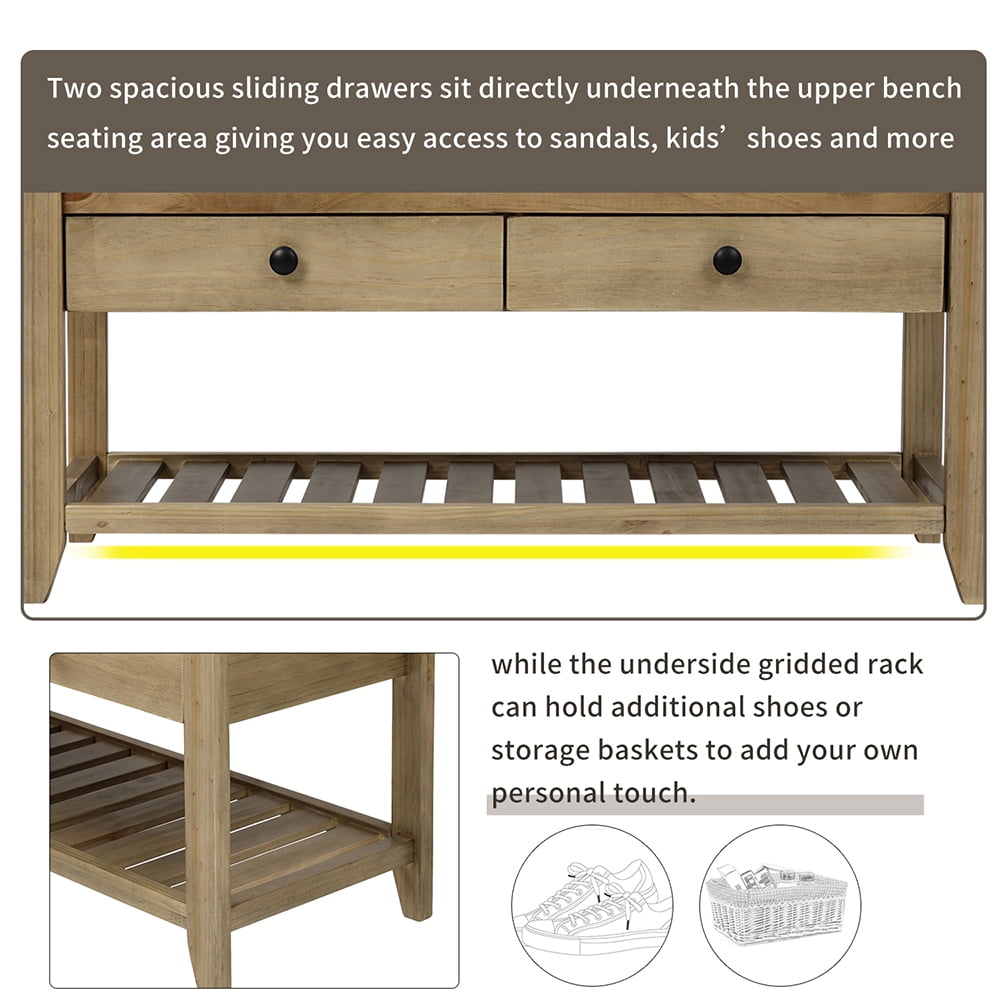 Kepooman Storage Bench, Shoe Bench for Entryway, Rustic Solid Wood Bench with Cushioned Seat and Drawers for Living Room, Wood Color Kepooman Storage Bench, Shoe Bench for Entryway, Rustic Solid Wood Bench with Cushioned Seat and Drawers for Living Room, Wood Color