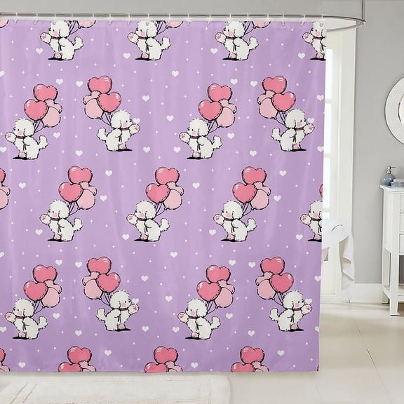 Manfei Cartoon Pug Shower Curtain 72Wx72L, Love Heart Balloon Bathroom Curtain, Purple
