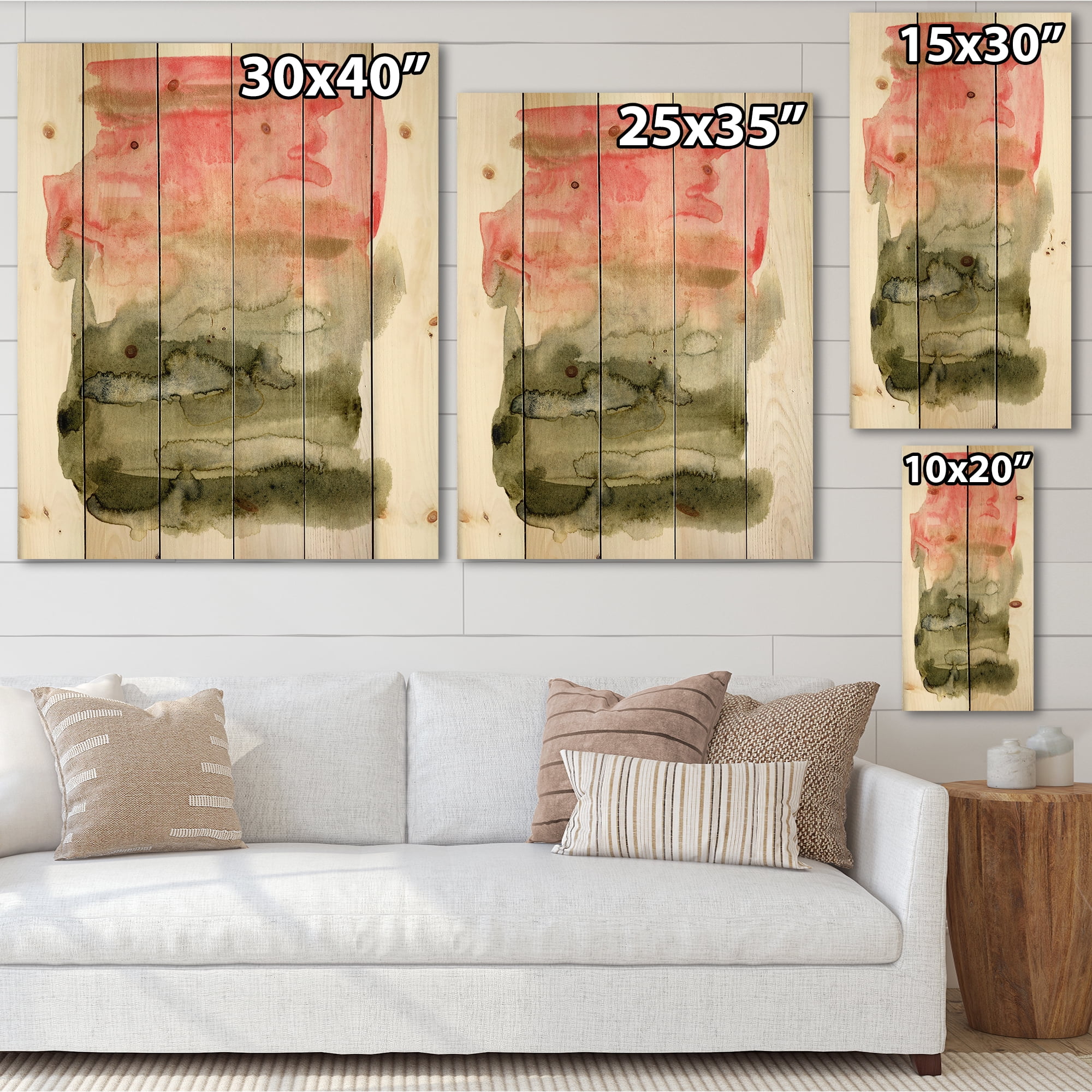 Designart 'Red Pink and Green Abstract Clouds' Modern Print on Natural Pine Wood