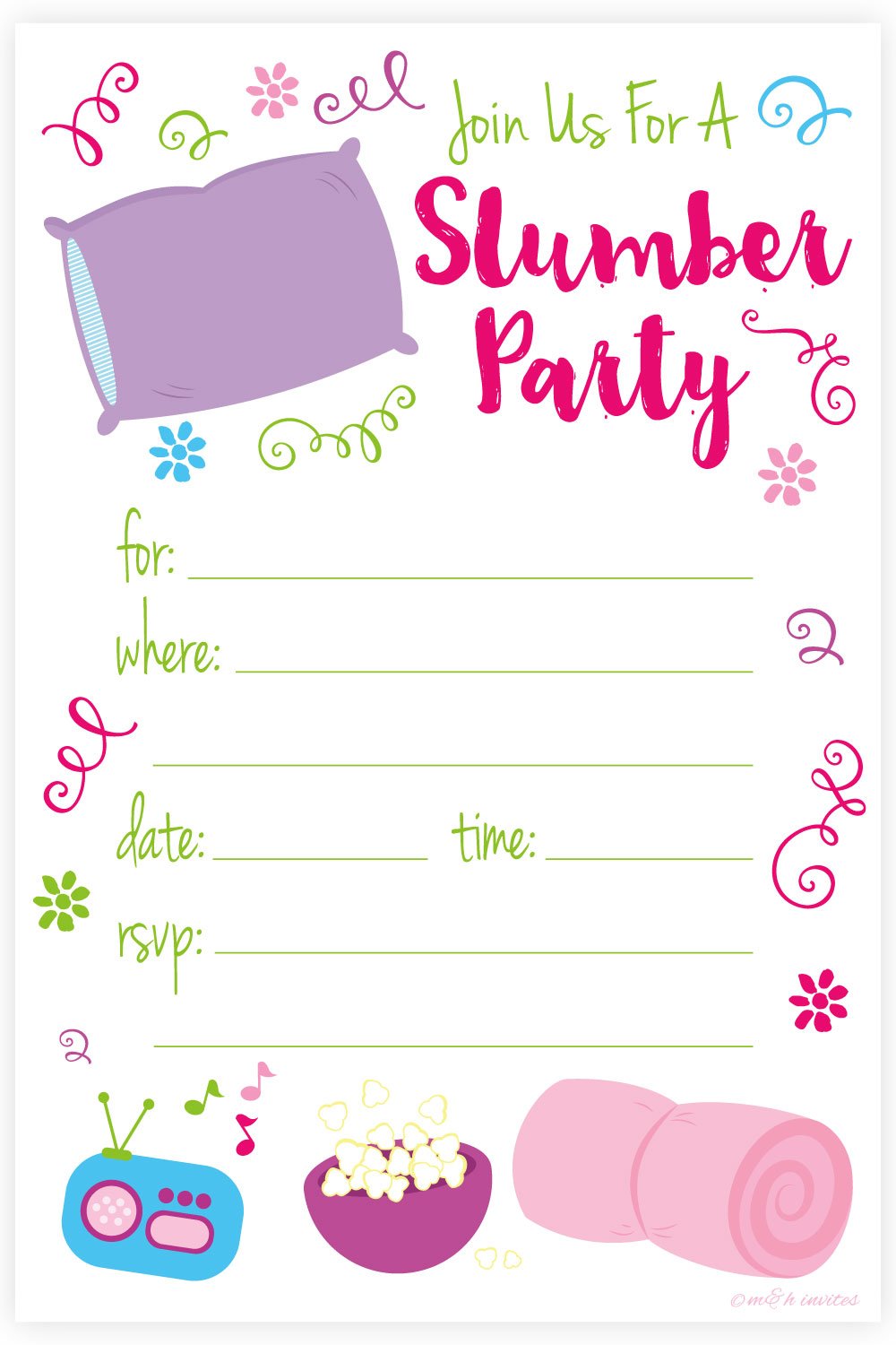 Slumber Party Sleep Over Invitations Fill In Style (20 Count) With
