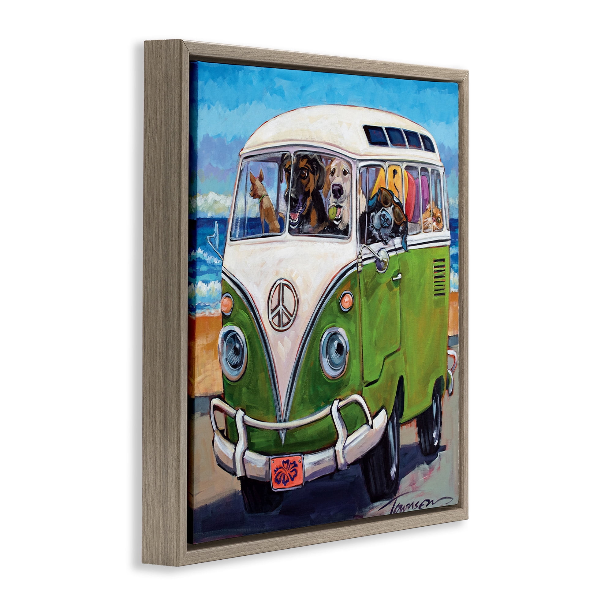 Stupell Industries Dogs Driving Retro Van Animals & Insects Painting Brown Floater Framed Canvas Art Print Wall Art, 18 x 18