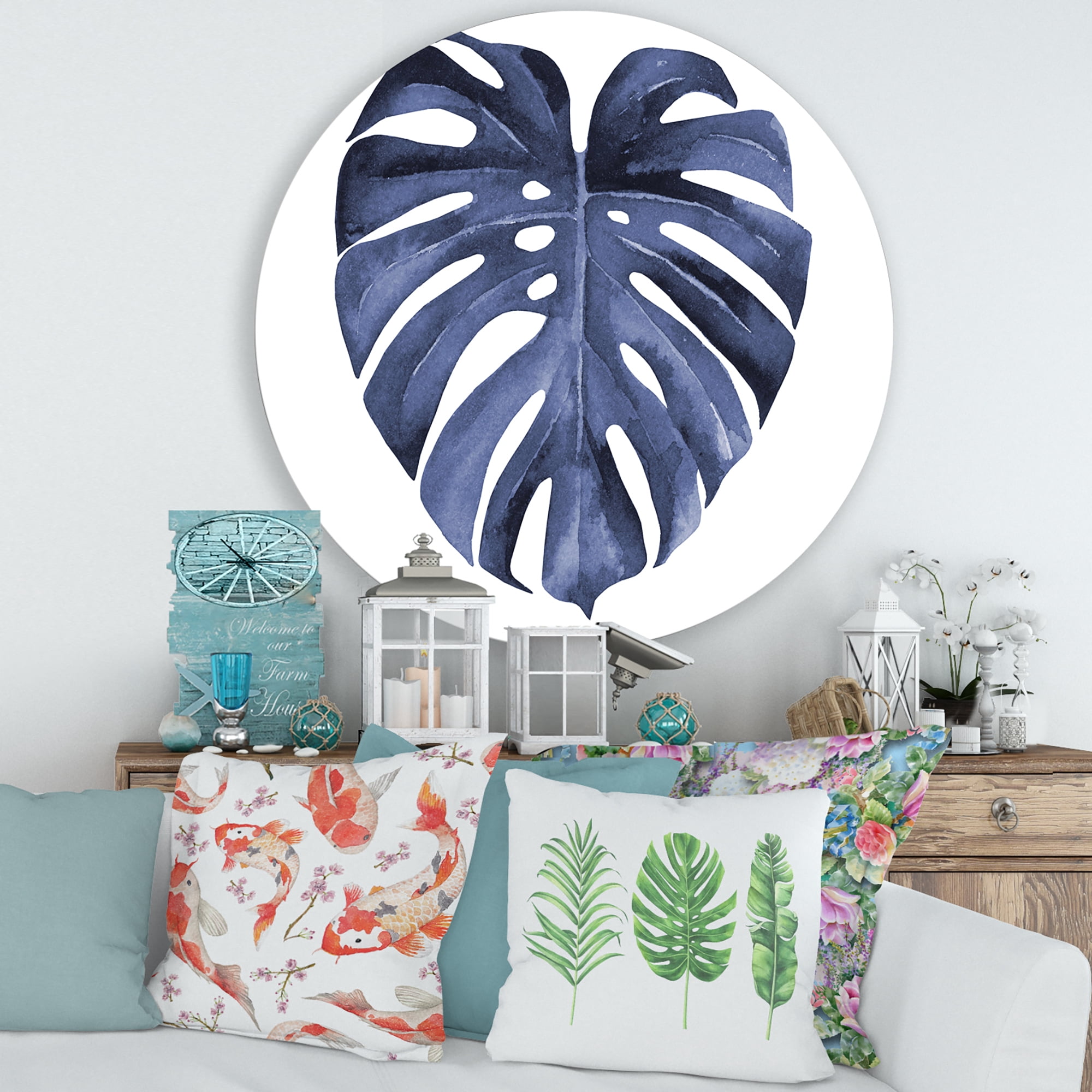 Designart 'Blue Watercolour Tropical Leaves III' Traditional Circle Metal Wall Art 29x29 - Disc of 29