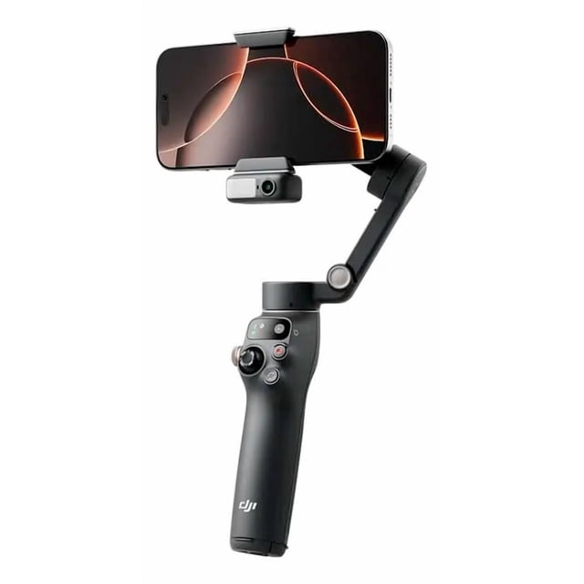 osmo mobile 8p creator combo Negro DJI estabilizador de mano para smartphone, vista frontal con celular horizontal; brazo articulado tipo gimbal, mango ergonómico con botones y joystick visibles, acabado mate negro y soporte superior, fondo neutro. También es adecuado para grabaciones móviles de vlogging y transmisiones en vivo.