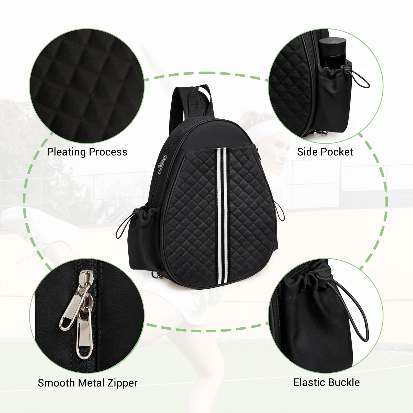 Tennis Sling Bag Racket Backpack, Quilted Sports Crossbody Bag for Tennis, Pickleball & Badminton, Waterproof Lightweight Racket Bag with Wet Pocket & Side Pockets, Black, 16.5 x 12.6 x 4.7inch