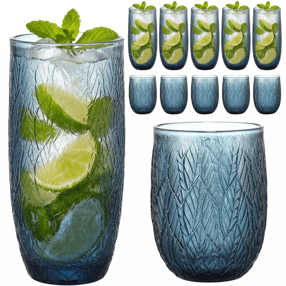 12oz & 10oz Blue Floral Embossed Glass Cups, Set of 12 Vintage Drinking Glasses for Home & Bar