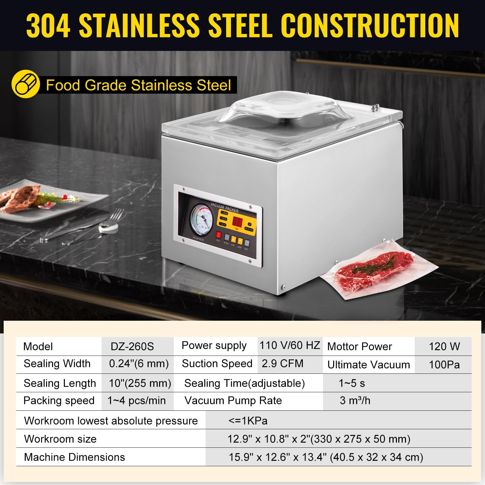 SIHAO Chamber Vacuum Sealer, Foods Vacuum Packing Machine for Wet Foods, Meats, Marinades and More, 260W Sealing Power, Compact Size with 9.5 in Sealing Length, Applied in Home Kitchen and Commercia