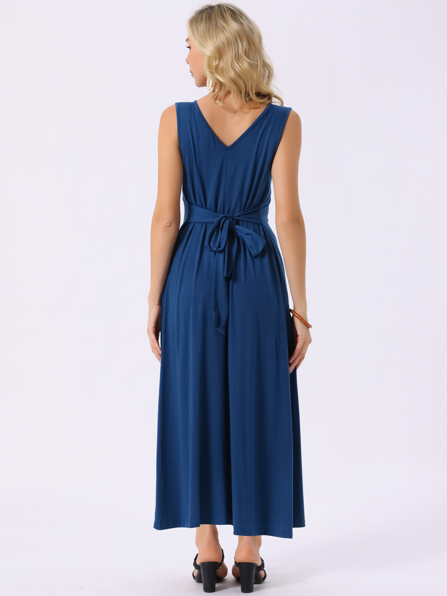 DARING DIVA Maxi Sleeveless V Neck Tie Waist Casual Long Dress S Dark Blue