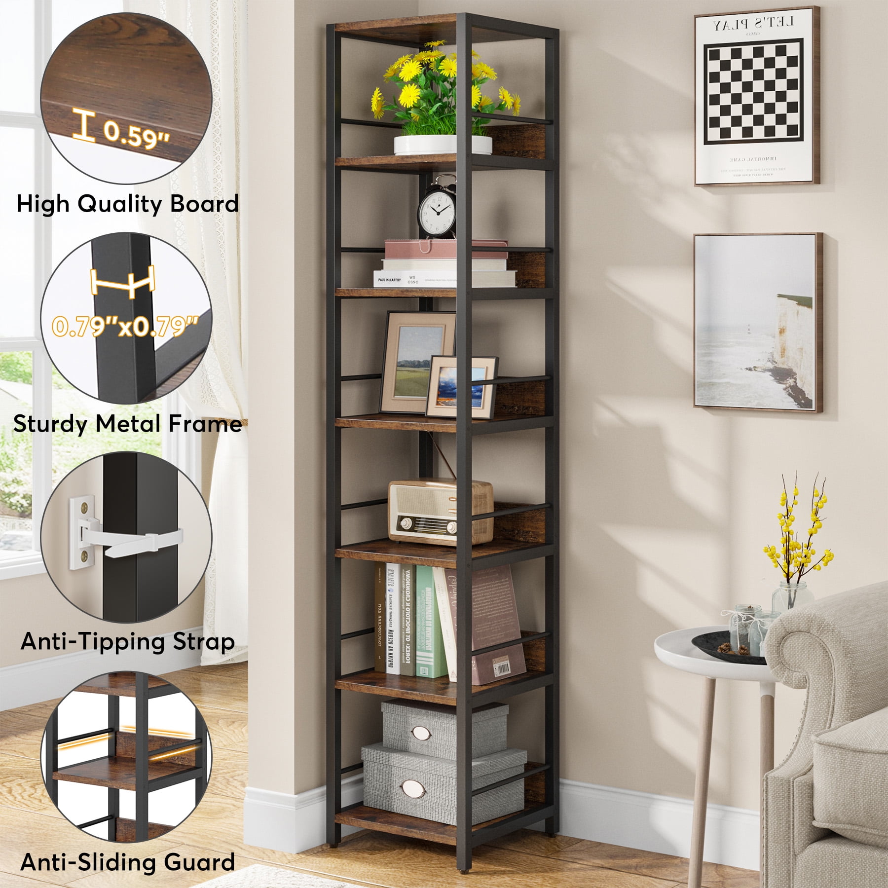Tribesigns 75 Inch Tall Narrow Bookshelf for Small Spaces, 6-tier  Multipurpose Storage Rack Book Shelves, Rustic Corner Square Shelf Tower, Skinny  Bookcase Display Stand Shelving Units for Home Office