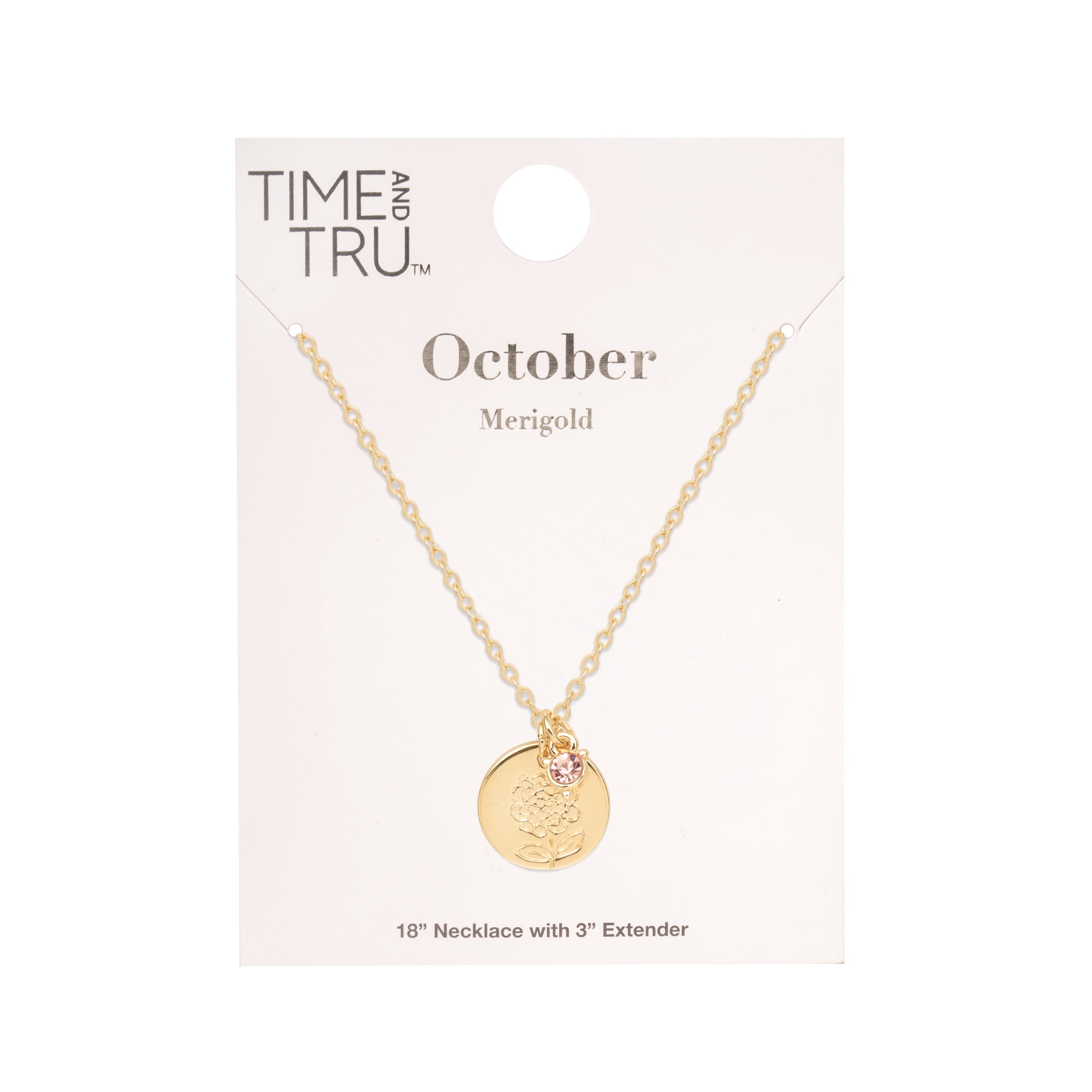Time and Tru Women’s October Birthstone Necklace, Gold Tone Chain with Light Rose Stone & Marigold Flower