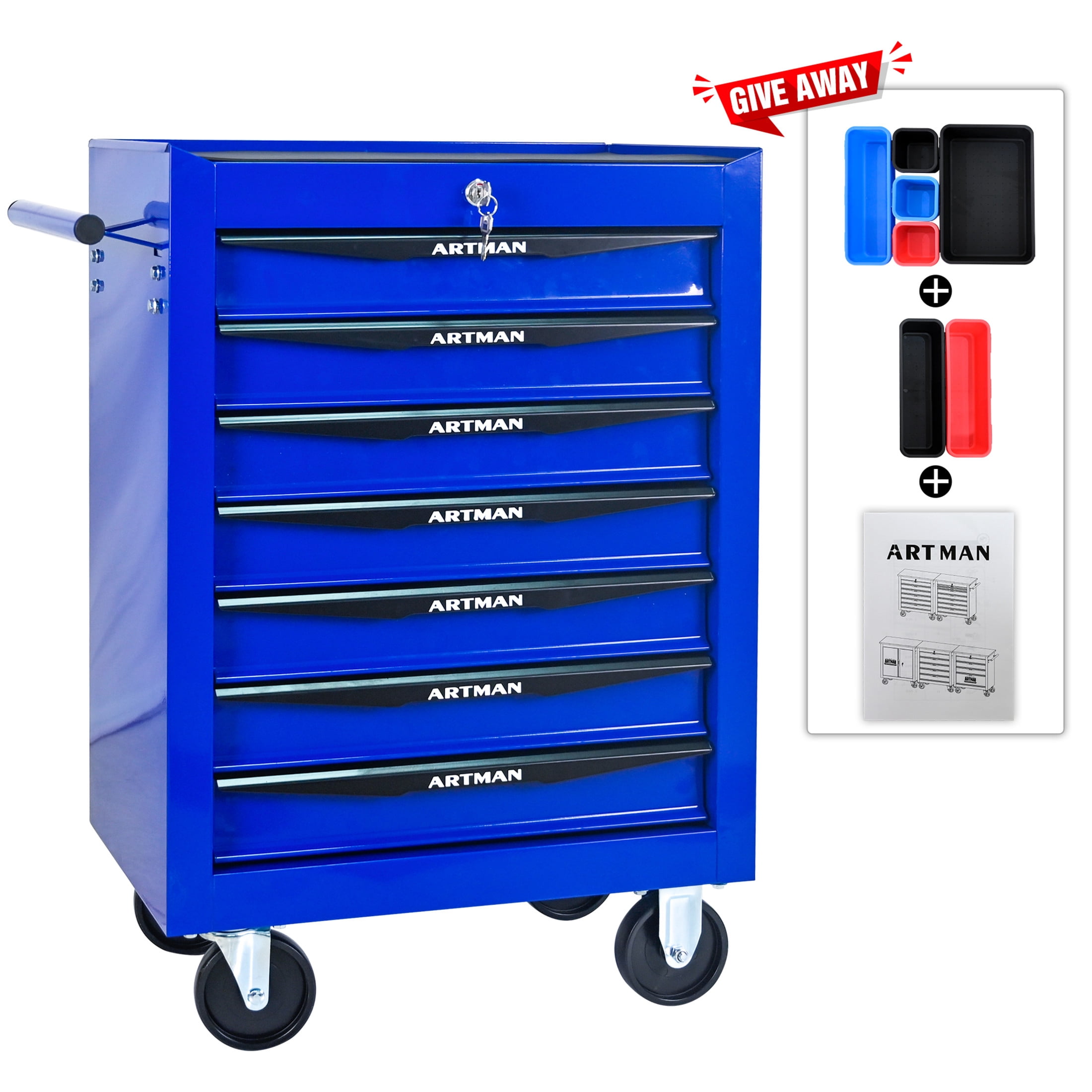 Noble House 7-Drawer Mobile Steel Tool Organizer with Key Lock, Ball Bearing Slide Storage Cabinet Box, Blue