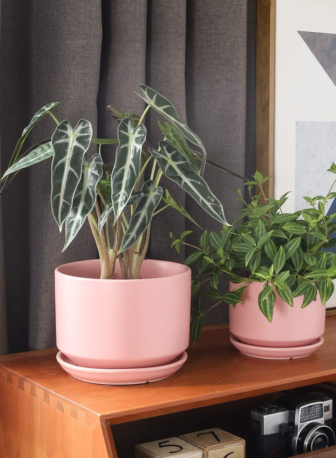 BEMAY Ceramic Planters, Set of 3 (4.3", 5.3", 6.8") Pink Flower Pots with Drainage Hole and Saucer Plant Pots for Home and Office Decor