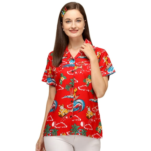 Hawaiian Shirt 41W Womens Christmas Santa Claus Top Blouse Aloha Beach Red S