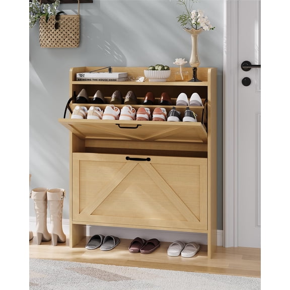 Shoe Storage Organizer with 2 Flip Drawers, Rustic Brown Farmhouse Shoe Cabinet for Entryway, Foyer, or Hallway, Slim Freestanding Rack Saves Floor Space