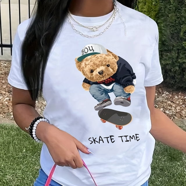 Camiseta Con Cuello Redondo Y Estampado De Oso, Camiseta Informal De Manga Corta Para Primavera Y Verano, Ropa De Mujer