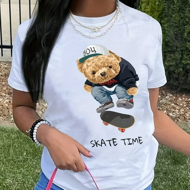 Camiseta Con Cuello Redondo Y Estampado De Oso, Camiseta Informal De Manga Corta Para Primavera Y Verano, Ropa De Mujer