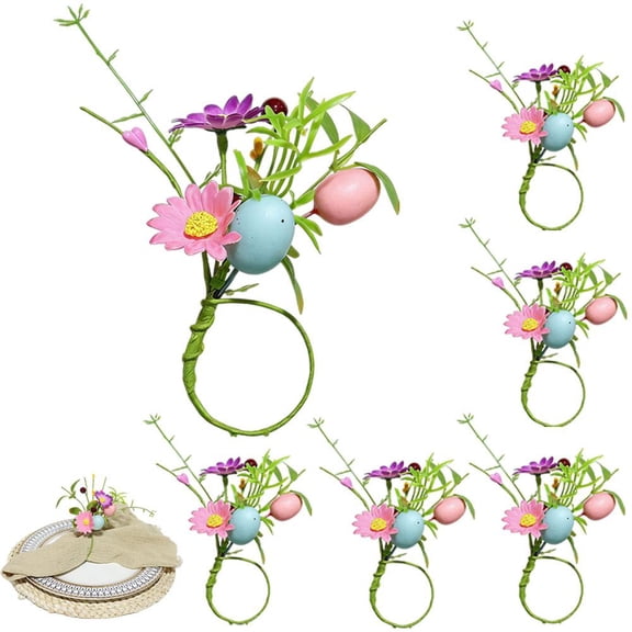 Spring Easter Napkin Rings, Set of 6 Floral and Egg Napkin Holders for Holiday Table Decoration