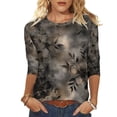 thumbnail image 2 of Jacenvly Hauts pour Femmes à Manches 3/4 Liquidation Femmes Dames Manches 3/4 Fleurs Imprimées Col Rond Manches Longues Haut/chemise à Col Rond Hauts pour Femmes Manches 3/4, 2 of 5