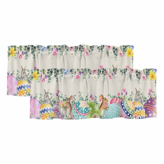 Vintage Easter Curtain Valances for Windows, Kitchen Valance Window Treatments Panel 2 Pack, Colorful Floral Eggs Bunny Rustic Rod Pocket Short Curtains for Bathroom Bedroom 60 x 18 Inch