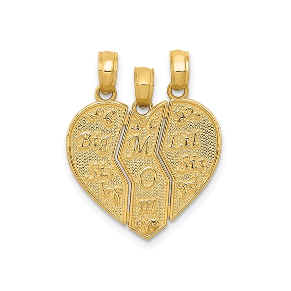 10K Yellow Gold Break-Apart Heart Charm Pendant, Engraved Big Sis Mom Lil Sis, Polished