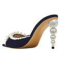 thumbnail image 4 of FSJ Women Trendy Beaded Studded Round Open Toe Backless Mules Chic Pearl High Heels Sandals Fashion Summer Slide Shoes Size 7.5 Midnight-blue, 4 of 5