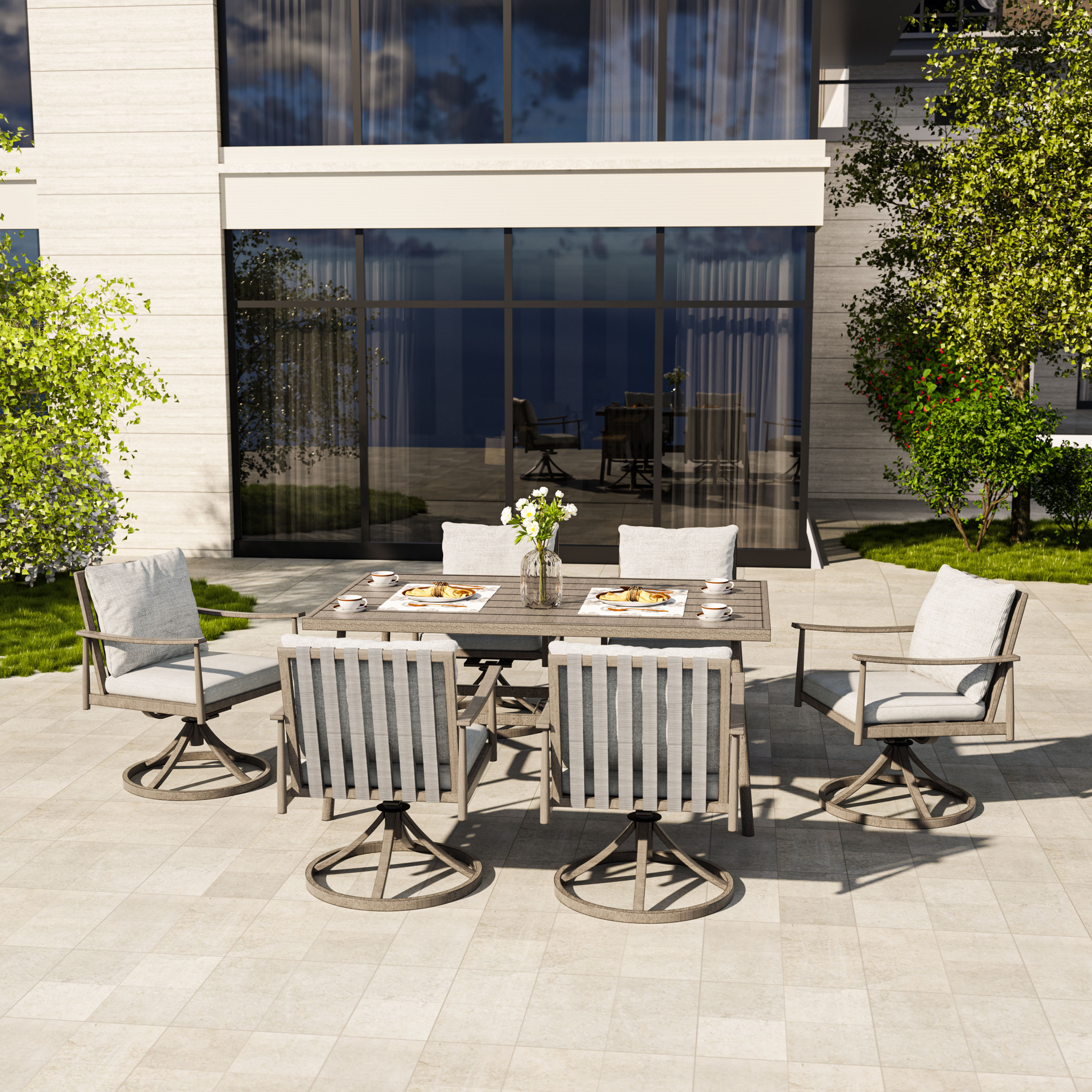HAPPATIO 7-Piece Outdoor Dining Set for 6, Aluminum Patio Dining Setcludes 6 Swivel Dining Chairs and 1 Large Rectangular Table with Umbrella Hole, Patio Furniture Set for Lawn, Porch, Grey