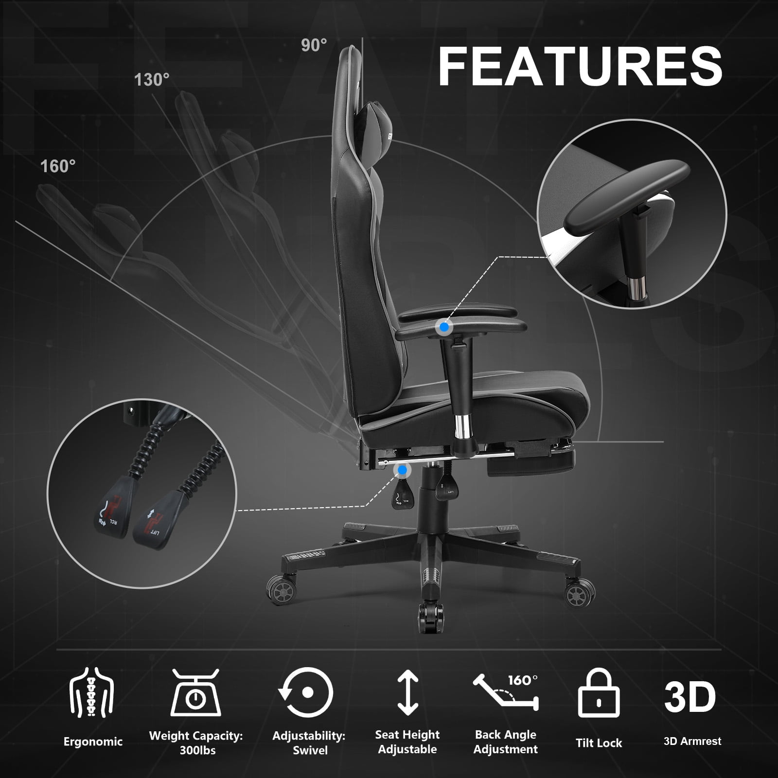 GTPLAYER Gaming Chair with Footrest PU Leather Office Chair with Adjustable Headrest, Gray