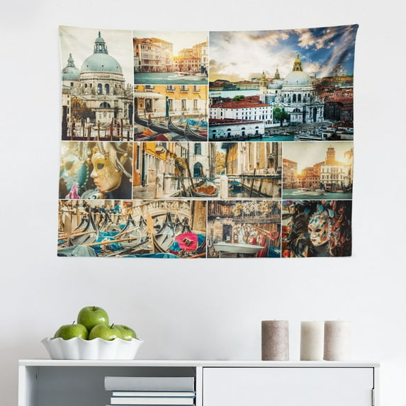 Summer Tapestry, Collage with 9 Different Square Framed Freshening Summer Landscapes Rural Nature, Fabric Wall Hanging Decor for Bedroom Living Room Dorm, 2 Sizes, Multicolor, by Ambesonne