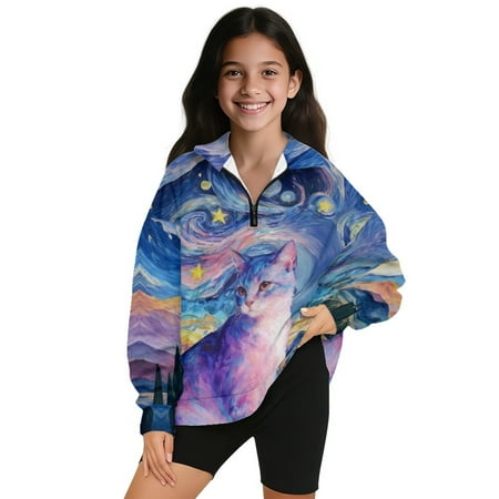 COEQINE Adjustable Quarter Zip Pullover for Girls Long Sleeve Loose Fit Sweatshirt with Collar Soft Polyester Machine Washable for Ages 9-10 Cat Starry Night