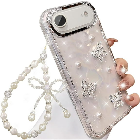 for iPhone Air Case with Wrist Strap Lanyard Luxury Sparkle Sparkly Shiny 3D Bling Glitter Crystal Rhinestone Diamond Butterfly Pearl Cover for Women Girls Phone Case 6.5 inch