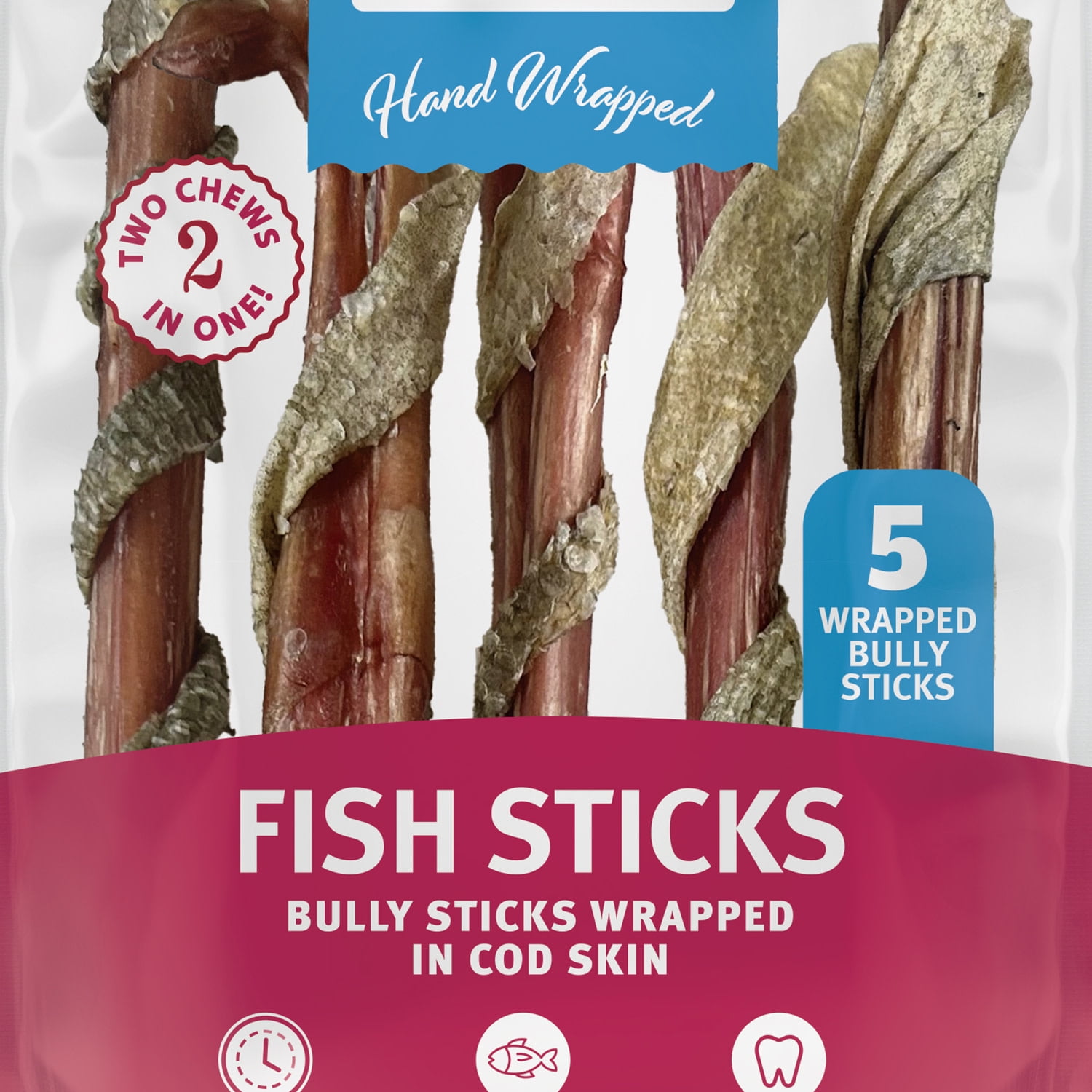 Icelandic+ Fish Sticks - Bully Stick Wrapped In Cod Skin - 5 Pack, 6" - Dog Treats, 2 Ingredient Chews, Hand-Wrapped Wild-Caught Fish, Pet Snacks