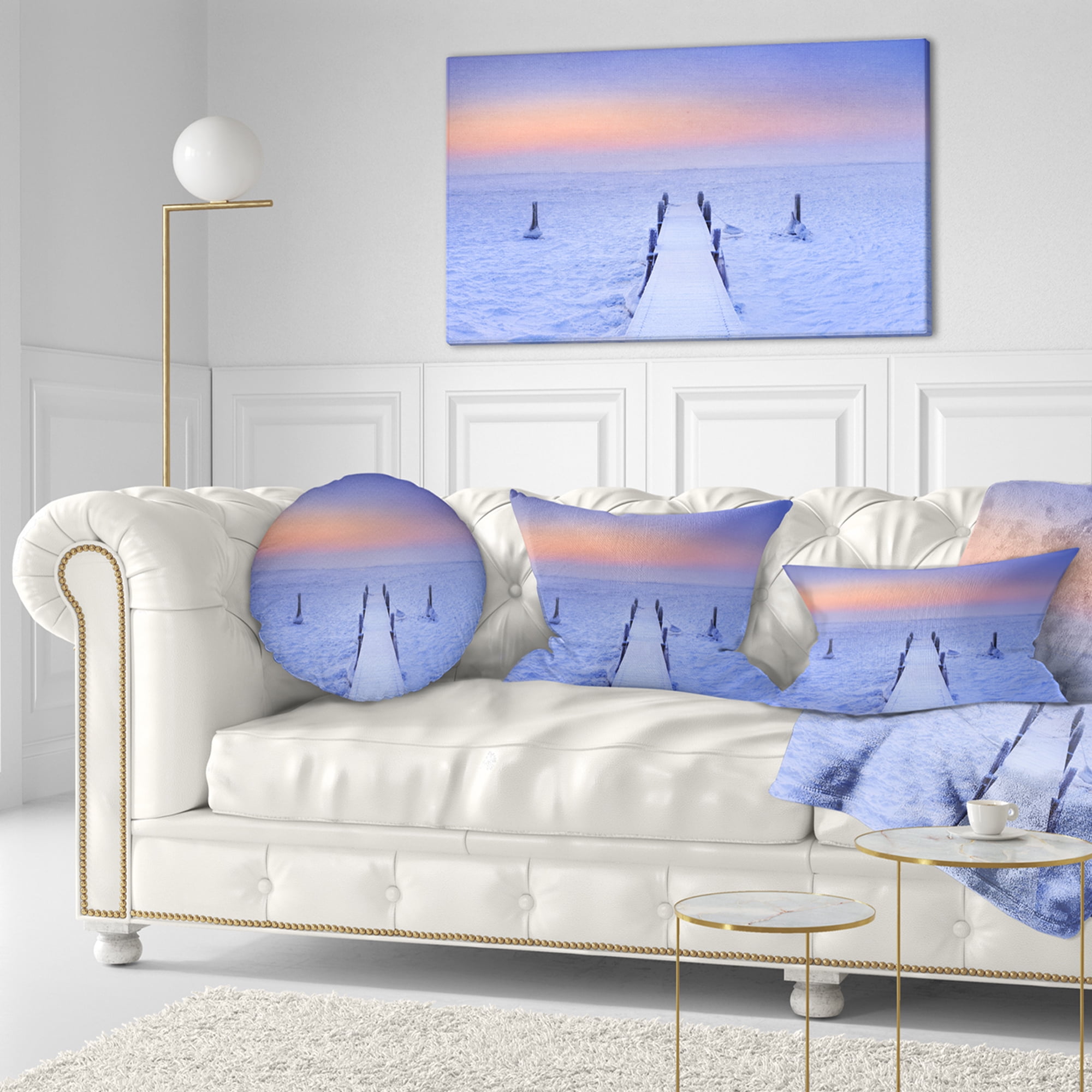 Designart Jetty in Frozen Lake Netherlands - Wooden Sea Bridge Throw Pillow - 12x20