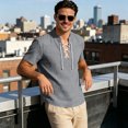 thumbnail image 4 of Men's Linen Shirts Short Sleeve Stand Collar Lace Up T Shirts Casual Lightweight Breathable Relaxed Fit Summer Tees, L, 4 of 7